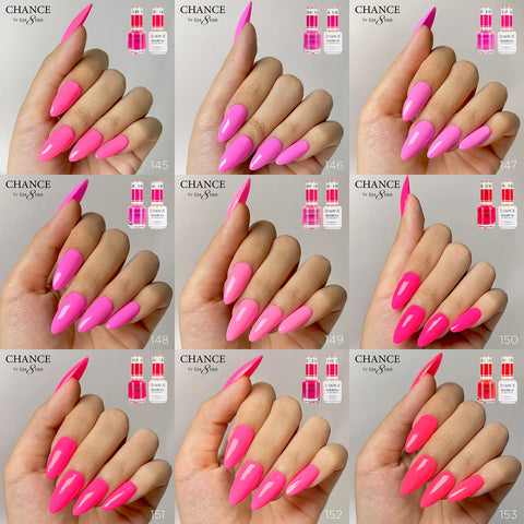 Chance Trio Matching Color Gel/ Nail Lacquer & Dip Powder 36 Colors #145 - #180 - Summer/Neon Shades Collection w/( 2 set Color Chart with 2 Diamond Top Coats)