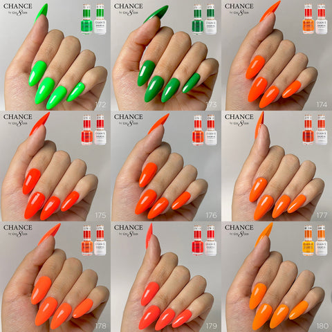 Chance Trio Matching Color Gel/ Nail Lacquer & Dip Powder 36 Colors #145 - #180 - Summer/Neon Shades Collection w/( 2 set Color Chart with 2 Diamond Top Coats)