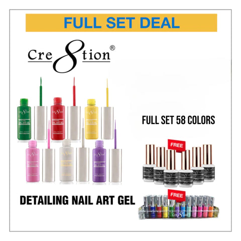 Cre8tion Detailing Nail Art Gel - Full set 58 colors w/ 12 Top Diamond 0.5oz & 1 Detailing Gel Holder