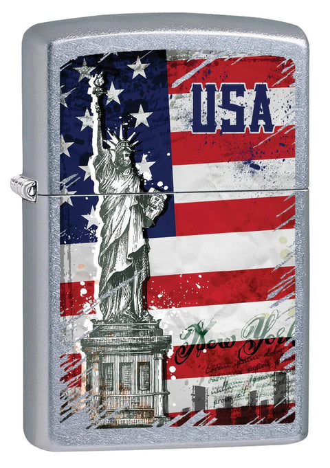 Zippo Lighter: Statue of Liberty and American Flag - Street Chrome