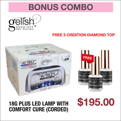 ( Spring Deals )BONUS COMBO) GELISH 18G PLUS LED LAMP WITH COMFORT CURE (CORDED) - BUY 1 GET 3 CRE8TION DIAMOND TOP 0.5OZ FREE