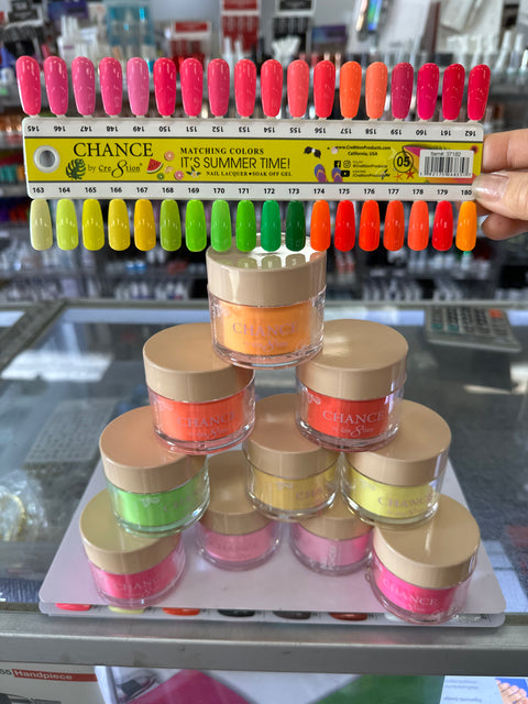 Chance Trio Matching Color Gel/ Nail Lacquer & Dip Powder 36 Colors #145 - #180 - Summer/Neon Shades Collection w/( 2 set Color Chart with 2 Diamond Top Coats)