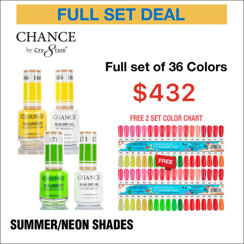 Chance Trio Matching Color Gel/ Nail Lacquer & Dip Powder 36 Colors #145 - #180 - Summer/Neon Shades Collection w/( 2 set Color Chart with 2 Diamond Top Coats)