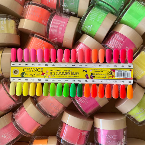 Chance Trio Matching Color Gel/ Nail Lacquer & Dip Powder 36 Colors #145 - #180 - Summer/Neon Shades Collection w/( 2 set Color Chart with 2 Diamond Top Coats)
