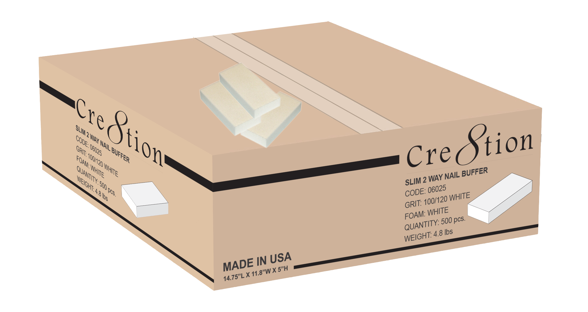 Cre8tion Buffer 2-Way SLIM Buffer (Made In USA), White Foam, White Grit 100/120, 06025 (Packing: 500pcs/case)