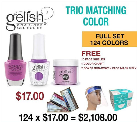 Gelish Trio Matching Color Full Set of 124 colors - $17.00/each - Free 2 Boxes Non-Woven-Face Mask 3 Ply (30 pcs./box), 10 pcs. Face shield & 1 Color Chart