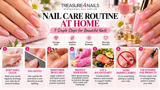 Treasure4Nails complete nail care routine infographic showing seven steps: cleaning nails, gentle filing, moisturizing cuticles, protecting hands, eating a balanced diet, avoiding damaging habits, and choosing suitable nail products.