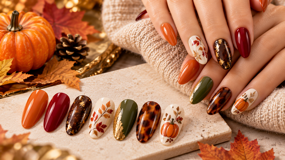 Thanksgiving nail designs for 2026 featuring burnt orange, cranberry red, olive green, cream floral nail art, tortoiseshell patterns, and gold accents.