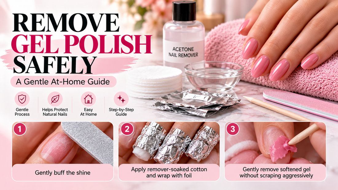 Step-by-step guide to removing soak-off gel nail polish at home using gentle filing, acetone-soaked cotton, foil wraps, and careful removal of softened gel.