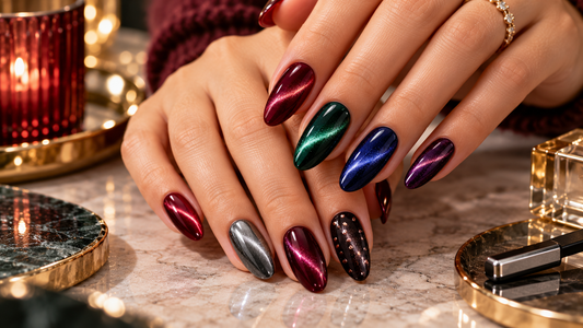 Cat-eye nail designs featuring glossy magnetic gel polish in burgundy, emerald green, sapphire blue, plum, silver, and dark glitter shades.