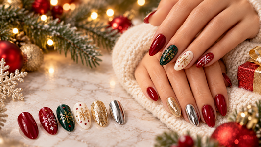 Christmas nail designs for 2026 featuring glossy red nails, emerald green snowflake art, cream and gold snowflakes, gold glitter, and silver chrome.