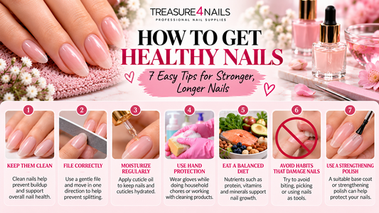 Treasure4Nails nail-care guide showing seven tips for healthier nails, including gentle filing, cuticle moisturizing, hand protection, balanced nutrition, avoiding nail biting, and using suitable strengthening polish.