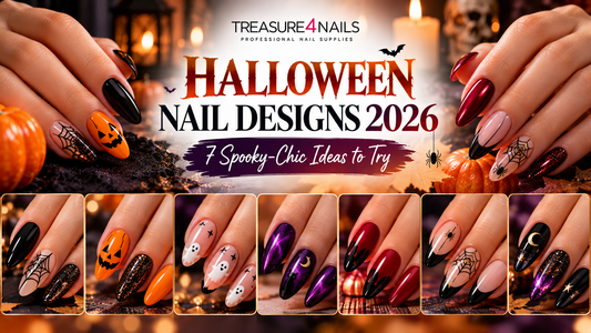 Treasure4Nails Halloween nail designs for 2026 featuring black spiderweb nails, orange pumpkin nails, cute white ghost nails, purple galaxy nails, red drip nails, minimalist spider designs, and black French tips with gold accents.