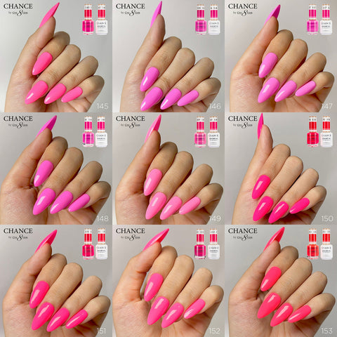 Chance Trio Matching Color Gel/ Nail Lacquer & Dip Powder 36 Colors #145 - #180 - Summer/Neon Shades Collection w/( 2 set Color Chart with 2 Diamond Top Coats)