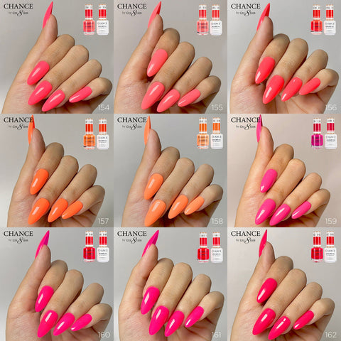 Chance Summer/Neon Shades Collection Gel, Nail Lacquer & Dip Powder Set - 36 Colors #145 - #180 with 2 Color Charts and 2 Diamond Top Coats