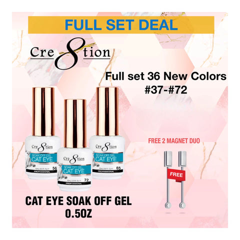 Cre8tion Cat Eye Soak Off Gel 0.5oz - Full Set 36 New Colors (#37 - #72) w/ 2 Magnet Duo