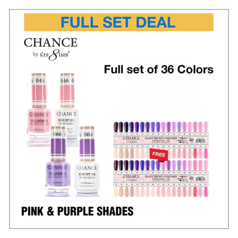 Chance Matching Color Gel & Nail Lacquer 0.5oz - 36 Colors- Pink & Purple Shades Collection w/ 2 set Color Chart
