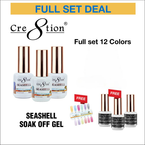 Cre8tion SeaShell Soak Off Gel 0.5oz - Full Set 12 colors w/ 3 Top Diamond 0.5oz & 1 set Color Chart