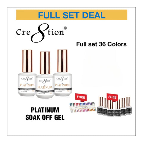 Cre8tion Platinum Soak Off Gel 0.5oz - Full Set 36 colors w/ 6 Top Diamond 0.5oz & 1 set Color Chart
