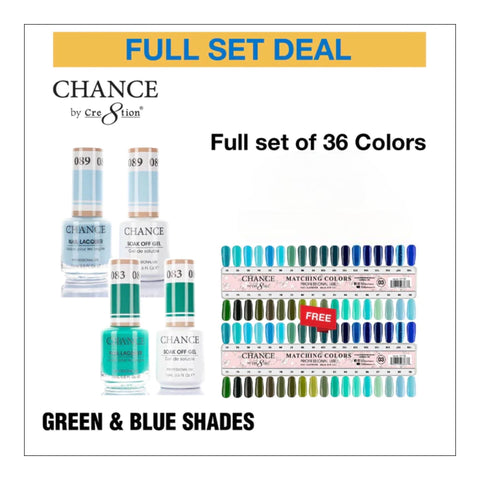 Chance Matching Color Gel & Nail Lacquer 0.5oz - 36 Colors- Green & Blue Shades Collection w/ 2 set Color Chart
