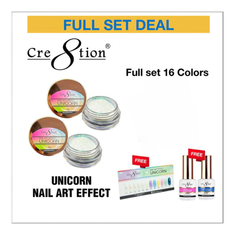 Cre8tion Unicorn Nail Art Effect - Full set 16 colors w/ 3 Top Diamond 0.5oz & 1 set Color Chart