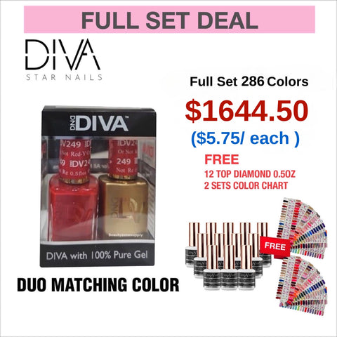 DIVA Matching Duo - Full Set 286 colors w/ 12 Top Diamond 0.5oz & 2 sets Color Chart + 3 Rechargeable Cordless UV lamps
