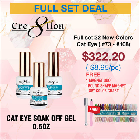 Cre8tion Cat Eye Soak Off Gel 0.5oz - Full Set 36 Colors (#73 - #108) with Free Magnet & Color Charts