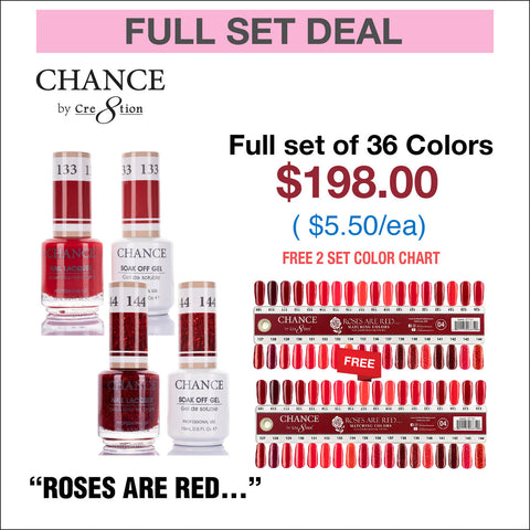 Chance Matching Color Gel & Nail Lacquer 0.5oz - 36 Colors Roses Are Red Collection w/ 2 set Color Chart