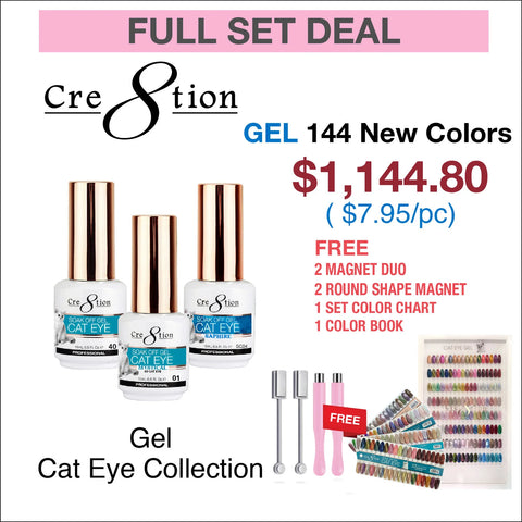 CRE8TION CAT EYE GEL 0.5OZ - FULL SET 144 COLORS W/ 2 ROUND SHAPE MAGNET, 2 MAGNET DUO ,1 SET COLOR CHART & 1 COLOR BOOK

Cre8tion Detailing Nail Art Gel is highly pigmented with a thin stripe brush for precise nail details