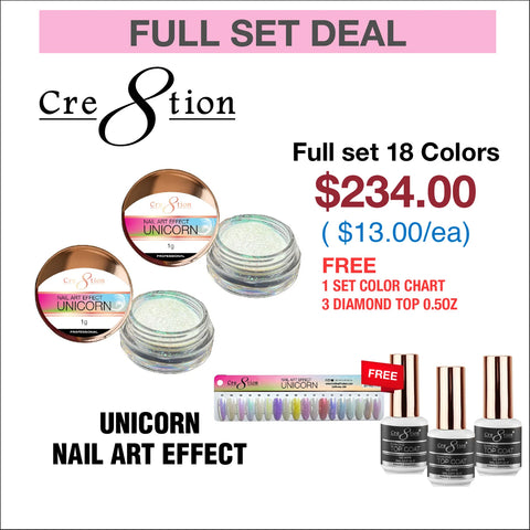 Cre8tion Unicorn Nail Art Effect - Full set 16 colors w/ 3 Top Diamond 0.5oz & 1 set Color Chart