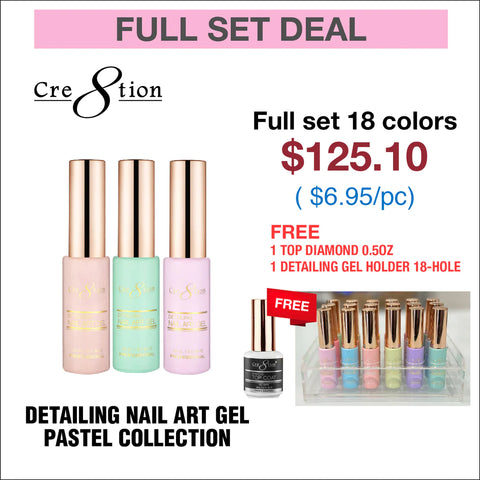 Cre8tion Detailing Nail Art Gel - Pastel Collection - Full set 18 colors w/ 1 Top Diamond 0.5oz & 1 Detailing Gel Holder 18-Hole