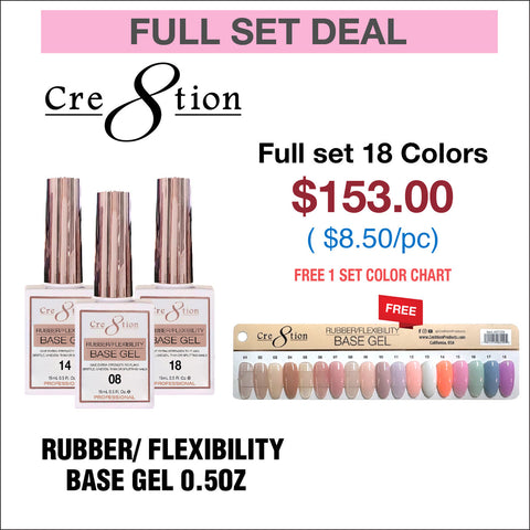 Cre8tion Rubber/ Flexibility Base Gel 0.5oz - Full Set 18 Colors w/ 1 Color Chart