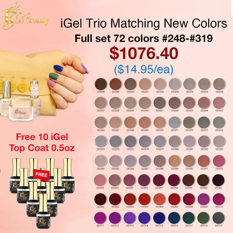 iGel Trio Matching New Colors - Full set 72 colors #248-#319 w/ 10 iGel top coat 0.5oz Free