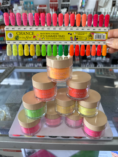 Chance Summer/Neon Shades Collection Gel, Nail Lacquer & Dip Powder Set - 36 Colors #145 - #180 with 2 Color Charts and 2 Diamond Top Coats