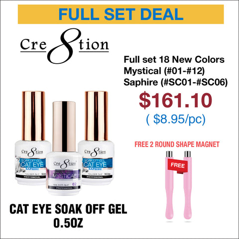 Cre8tion Cat Eye Soak Off Gel 0.5oz - Full Set 18 Colors - Mystical Collection (#01-#12) & Saphire Cat Eye (#SC01-#SC06) w/ 2 Round Shape Magnet