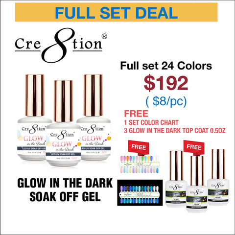 Cre8tion Glow in the Dark Soak Off Gel 0.5oz - Full Set 24 colors w/ 3 Top Glow in the Dark 0.5oz & 1 set Color Chart