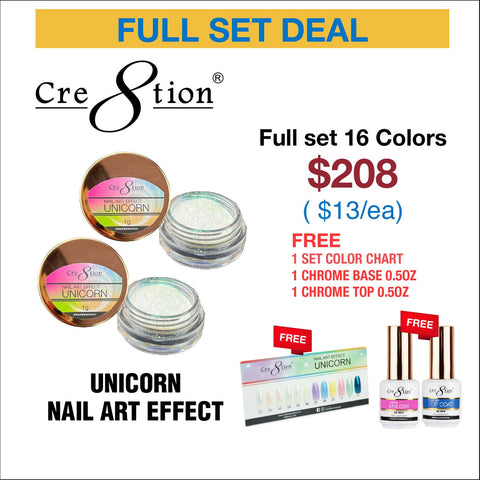 Cre8tion Unicorn Nail Art Effect - Full set 16 colors w/ 3 Top Diamond 0.5oz & 1 set Color Chart