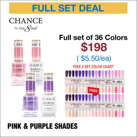 Chance Matching Color Gel & Nail Lacquer 0.5oz - 36 Colors #037 - #072 - Pink & Purple Shades Collection w/ 2 set Color Chart