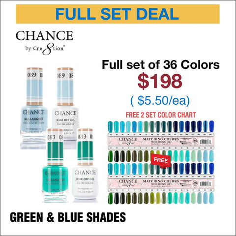 Chance Matching Color Gel & Nail Lacquer 0.5oz - 36 Colors #073 - #108 - Green & Blue Shades Collection w/ 2 set Color Chart
