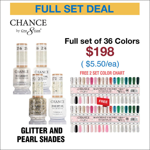 Chance Matching Color Gel & Nail Lacquer 0.5oz - 36 Colors #253 - #288 - Glitter and Pearl Shades Collection w/ 2 set Color Chart