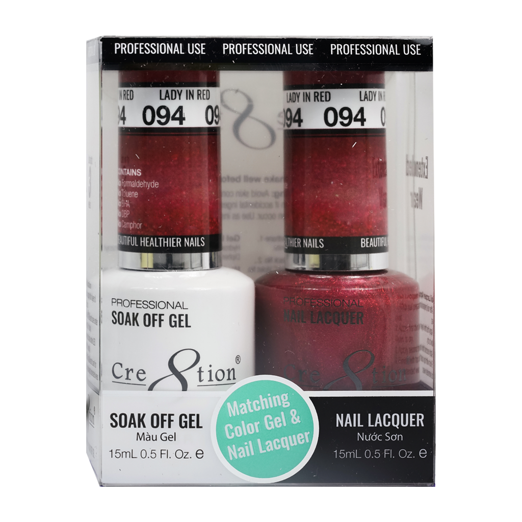 Cre8tion Matching Color Gel & Nail Lacquer 94 Lady In Red (Shimmery) - Treasure4nails