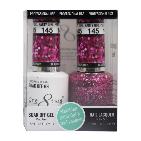 Cre8tion Matching Color Gel & Nail Lacquer 145 Party Girl (Glitter) - Treasure4nails