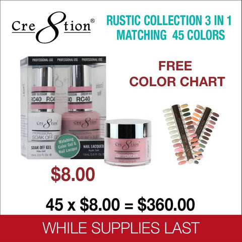 Cre8tion Rustic Collection 3 in 1 Matching 45 colors - $8.00/each. Free Color Chart