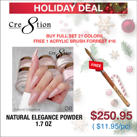 (Holiday Deal) Cre8tion Natural Elegance Powder 1.7oz - Buy Full Set 21 Colors Free 1 Acrylic Brush Forrest #16