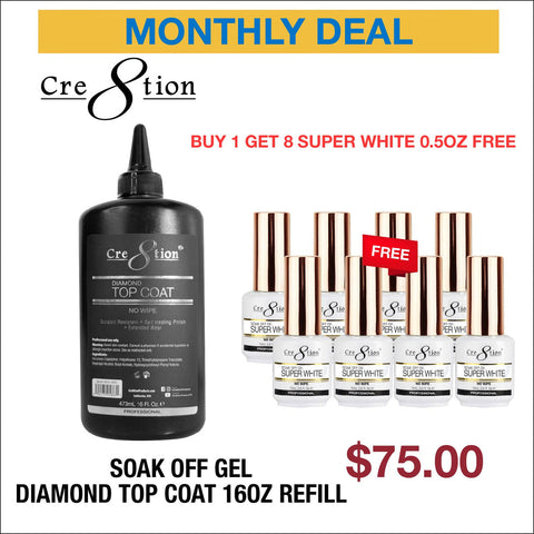Cre8tion Gel Diamond No Wipe Top Coat 16oz Refill - Buy 1 Get 8 Super White 0.5oz Free