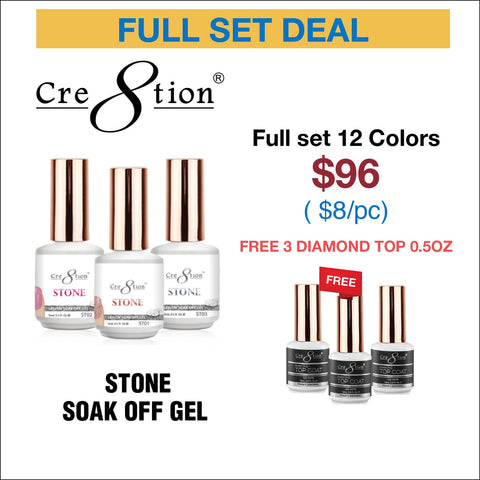 Cre8tion Stone Soak Off Gel 0.5oz - Full Set 12 colors w/ 3 Top Diamond 0.5oz
