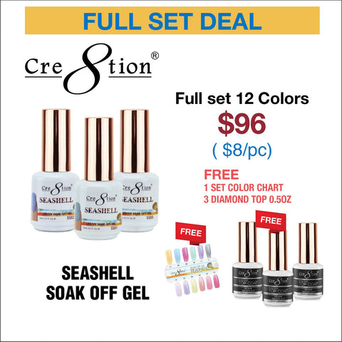 Cre8tion SeaShell Soak Off Gel 0.5oz - Full Set 12 colors w/ 3 Top Diamond 0.5oz & 1 set Color Chart