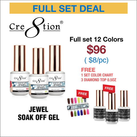 Cre8tion Jewel Collection Soak Off Gel 0.5oz - Full Set 12 colors w/ 3 Top Diamond 0.5oz & 1 set Color Chart