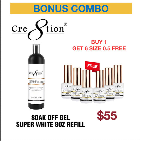 Cre8tion Soak Off Gel Super White 8oz Refill - Buy 1 Get 6 Size 0.5oz Free