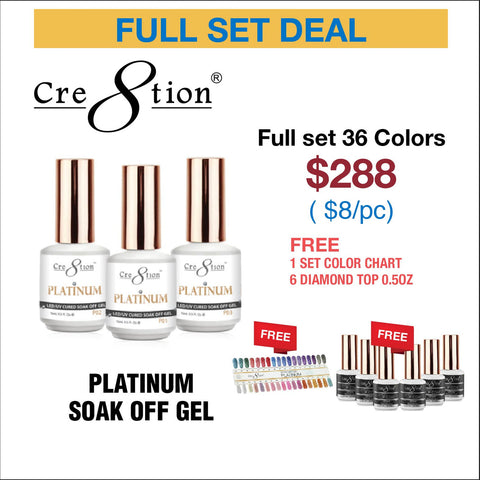 Cre8tion Platinum Soak Off Gel 0.5oz - Full Set 36 colors w/ 6 Top Diamond 0.5oz & 1 set Color Chart